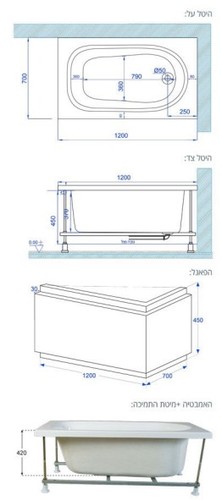 שירטוט אמבטיה אקרילית 120/70 MTI-01 מעוגלת לבן מבריק