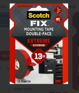 דבק דו צדדי חזק לשימוש חיצוני SCOTCH FIX PT1100 1.5X19