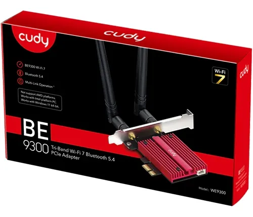 כרטיס רשת CUDY WE9300 PCIE WIFI7 BT5.4 6GHz UP TO 5760 Mbps קודי