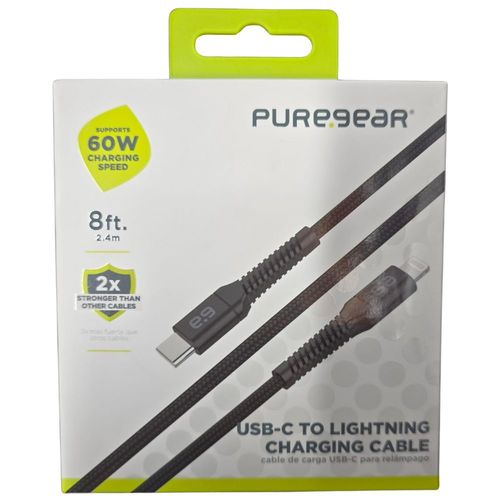כבל שזור שחור חיבור Type C - Lightning 60W באורך 2.4 מטר מבית PureGear 