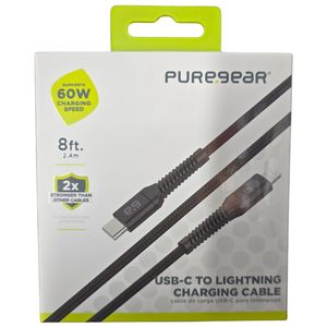 כבל שזור שחור חיבור Type C - Lightning 60W באורך 2.4 מטר מבית PureGear 