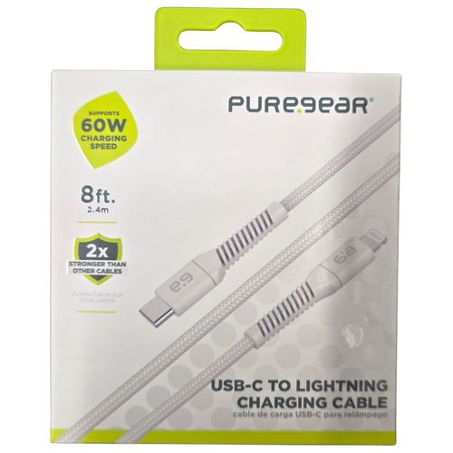 כבל שזור לבן חיבור Type C - Lightning 60W באורך 2.4 מטר מבית PureGear 
