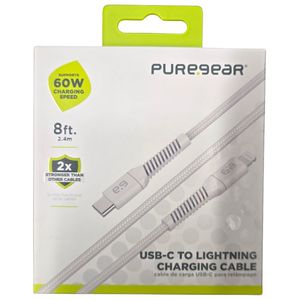 כבל שזור לבן חיבור Type C - Lightning 60W באורך 2.4 מטר מבית PureGear 