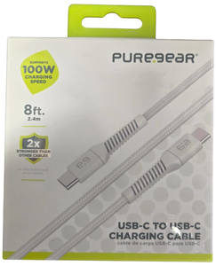 כבל שזור לבן חיבור Type C - Type C 100W באורך 2.4 מטר מבית PureGear 