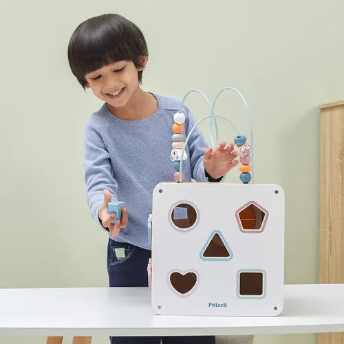 קוביית פעילות מעץ 8 ב 1 עם מבוך חרוזים, קסילופון, התאם צורה ומגוון פעילויות