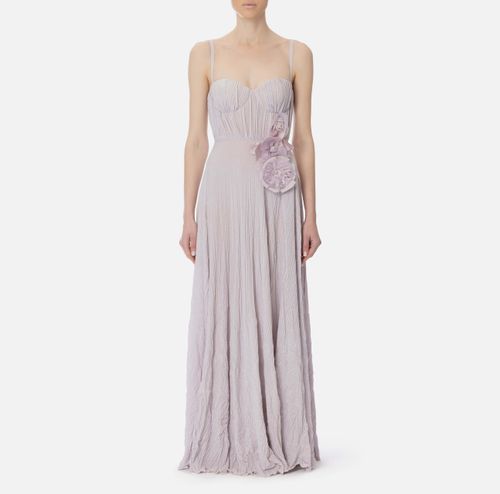 Red Carpet dress made of lurex jersey fabric with embroidered flower