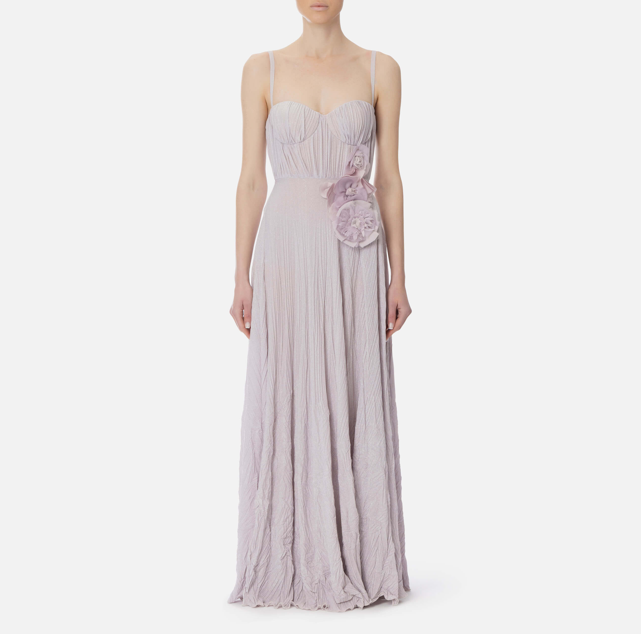 Red Carpet dress made of lurex jersey fabric with embroidered flower