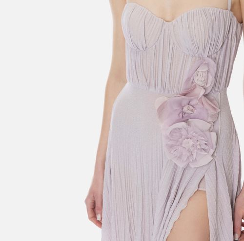 Red Carpet dress made of lurex jersey fabric with embroidered flower