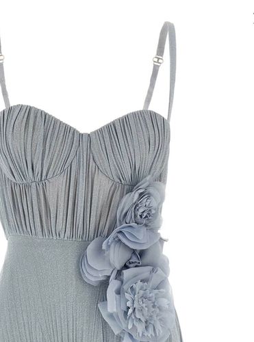 Red Carpet dress made of lurex jersey fabric with embroidered flower