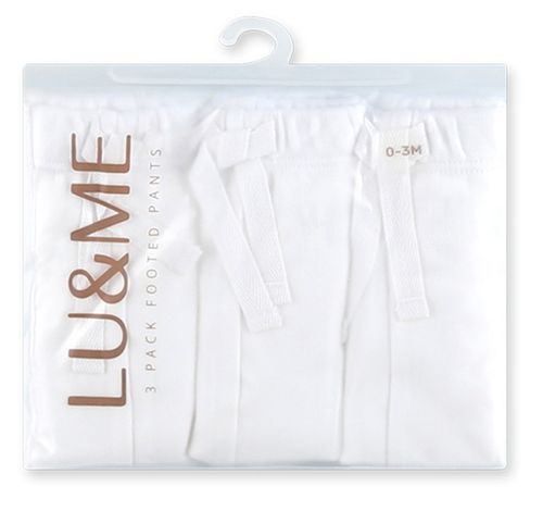 שלישיית מכנסיים ארוכים עם רגליות לתינוק 100% כותנה מידה NB - לבן
