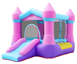 מתנפח לחצר הבית עם ארבעה מגדלים, רשת היקפית ומגלשה, כולל מפוח ותיק אחסון - הטירה הורודה