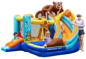 מתקן מתנפח גדול לחצר 6 פעילויות עם 2 מגלשות ואזור קפיצות מגודר כולל מפוח ותיק אחסון - הרפתקאות הדב