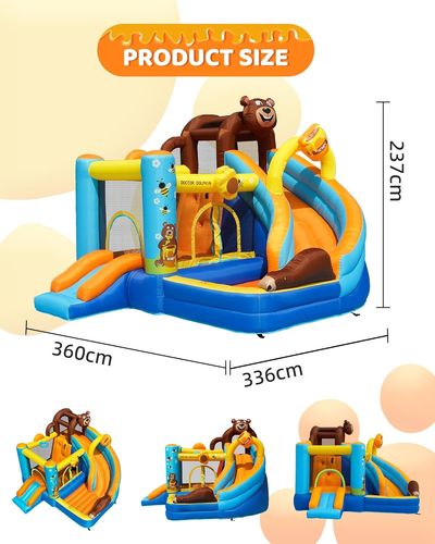 מתקן מתנפח גדול לחצר 6 פעילויות עם 2 מגלשות ואזור קפיצות מגודר כולל מפוח ותיק אחסון - הרפתקאות הדב
