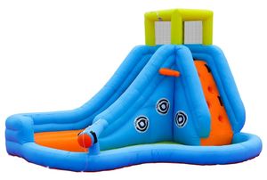 מתקן מתנפח משולב מים לחצר עם קיר טיפוס, מגלשה גדולה, תותח מים, בריכת שיכשוך כולל מפוח - בול פגיעה