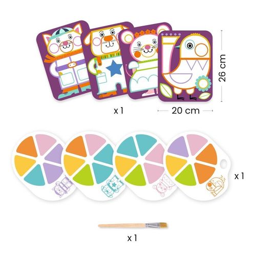 כל חלקי ערכת יצירה צבעי מים לחיים שמנמנות Djeco מסודרים