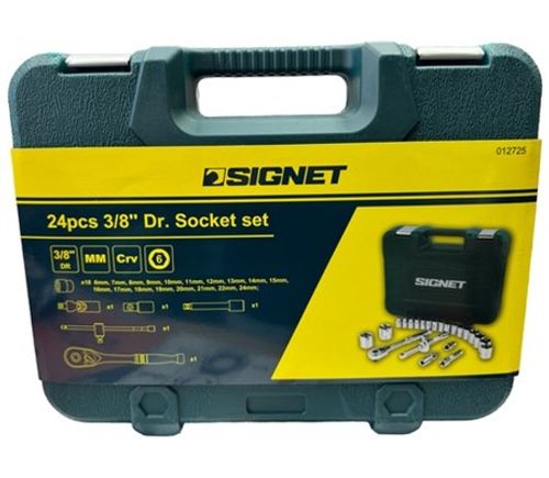 סט בוקסות 3/8 אינץ' SIGNET 12725 כולל 24 חלקים - ראצ'ט 72 שיניים עם שחרור מהיר, 18 בוקסות במידות 6-24 מ