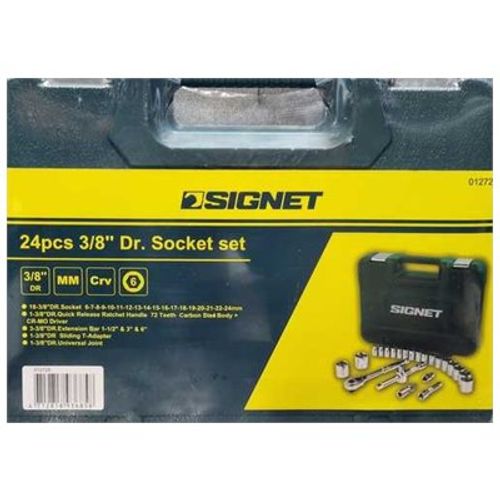 סט בוקסות 3/8 אינץ' SIGNET 12725 כולל 24 חלקים - ראצ'ט 72 שיניים עם שחרור מהיר, 18 בוקסות במידות 6-24 מ