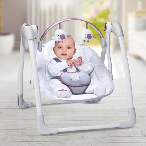 נדנדה חשמלית מתקפלת לתינוק עם 2 מצבי שכיבה, מנגינות, 5 מהירויות וקשת צעצועים - אפור/סגול