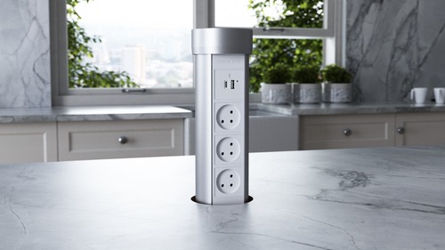 שקע פופ אפ חשמלי למטבח POINTPOD כולל שקע USB a + USB c כסוף