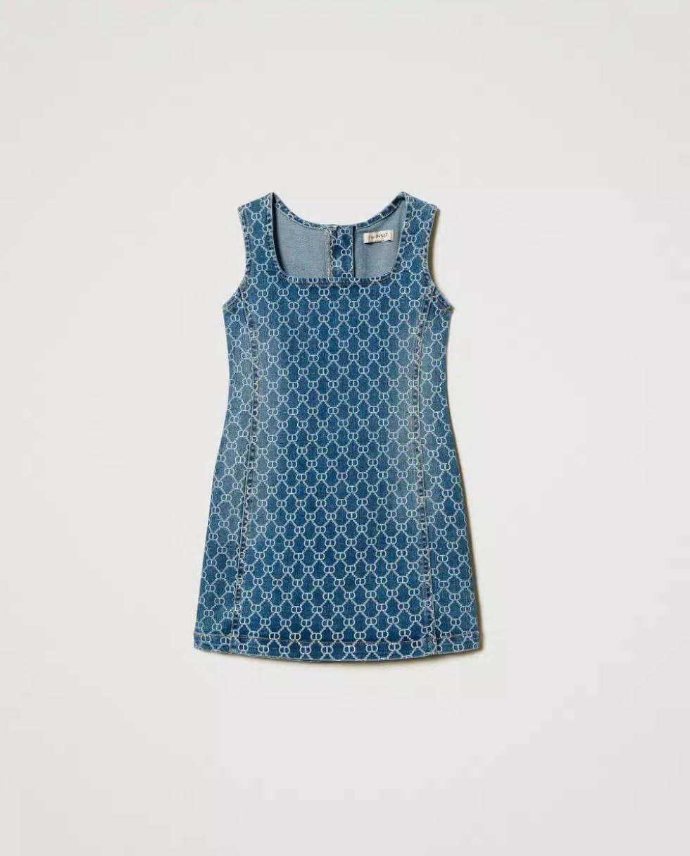 Short denim dress with Oval T logo all over