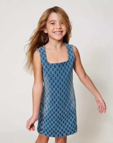 Short denim dress with Oval T logo all over