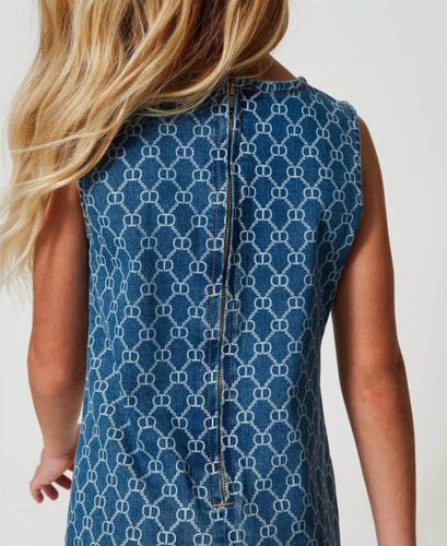 Short denim dress with Oval T logo all over