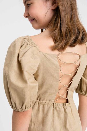 Short linen blend dress with pleats