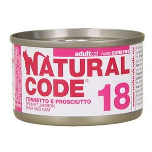 שימור NATURAL CODE נטורל קוד 18 טונה ופרושוטו לחתול 85 גר' מגש 24 יחידות