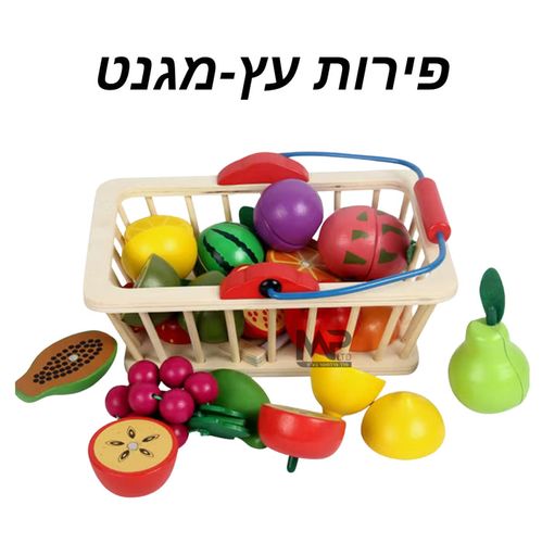 פירות עץ מגנטיים בסלסלת עץ