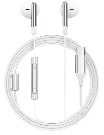 אוזניות חוטיות USB-C עם מיקרופון איכותי, כפתורי שליטה, אורך 1.2 מטר, לבן