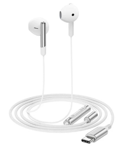 אוזניות חוטיות USB-C עם מיקרופון איכותי, כפתורי שליטה, אורך 1.2 מטר, לבן