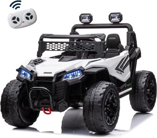 באגי ממונע דו-מושבי 24V דמוי קוואסקי Kawasaki עם גלגלי גומי, בולמי זעזועים, שלט רחוק ואורות - לבן