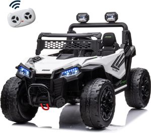 באגי ממונע דו-מושבי 24V דמוי קוואסקי Kawasaki עם גלגלי גומי, בולמי זעזועים, שלט רחוק ואורות - לבן