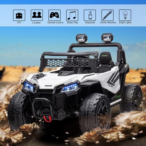 באגי ממונע דו-מושבי 24V דמוי קוואסקי Kawasaki עם גלגלי גומי, בולמי זעזועים, שלט רחוק ואורות - לבן