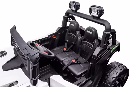 באגי ממונע דו-מושבי 24V דמוי קוואסקי Kawasaki עם גלגלי גומי, בולמי זעזועים, שלט רחוק ואורות - לבן