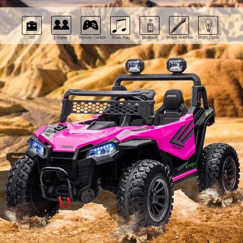 באגי ממונע דו-מושבי 24V דמוי קוואסקי Kawasaki עם גלגלי גומי, בולמי זעזועים, שלט רחוק ואורות - ורוד