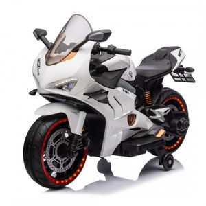 אופנוע ענק ממונע 24V דמוי דוקאטי, נסיעה קדימה/אחורה, מולטימדיה ואורות בגלגלים - לבן