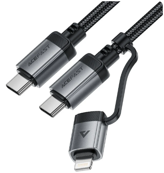 כבל סנכרון וטעינה איכותי USB-C ל-USB-C עם מתאם Lightning מובנה, קלוע