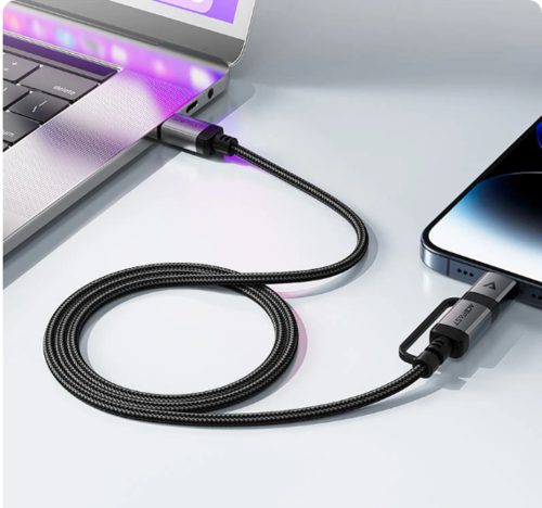 כבל סנכרון וטעינה איכותי USB-C ל-USB-C עם מתאם Lightning מובנה, קלוע