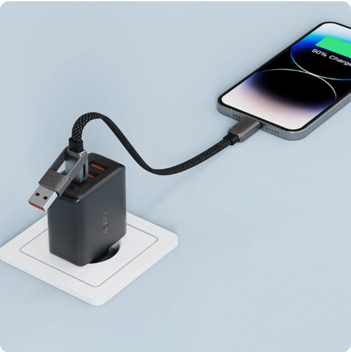 כבל סנכרון וטעינה קצר USB-A ו-USB-C ל-USB-C, עיצוב מתקפל מהפכני, תומך טעינה מהירה, 0.2 מטר