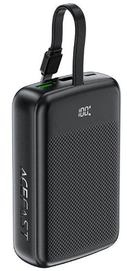 מטען נייד (סוללת גיבוי) 20000mAh לטעינה מהירה PD 22.5W עם כבל טעינה USB-C מובנה, שחור