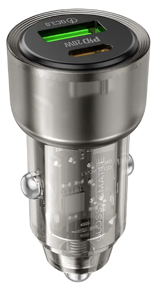 ראש מטען מהיר לרכב, 2 יציאות (USB-C+USB-A), עיצוב שקוף