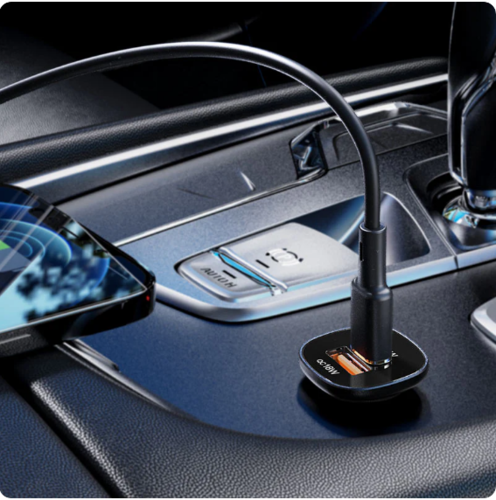 סט מטען מהיר לרכב הכולל ראש טעינה USB-C + USB-A וכבל טעינה USB-C ל-USB-C