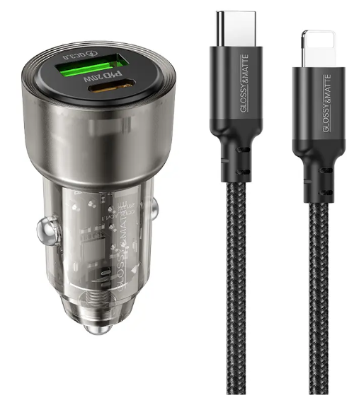 סט מטען מהיר לרכב הכולל ראש טעינה USB-C+USB-A וכבל טעינה USB-C ל-Lightning, עיצוב שקוף