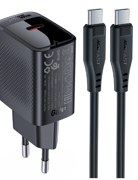 סט טעינה הכולל ראש מטען מהיר USB-C וכבל USB-C, טעינת PD20W מהירה, שחור