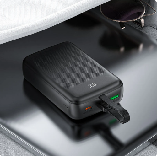 מטען נייד (סוללת גיבוי) 20000mAh לטעינה מהירה PD 22.5W עם כבל טעינה USB-C מובנה, שחור