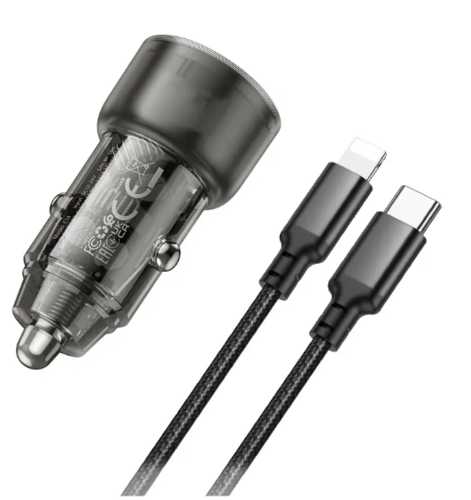 סט מטען מהיר לרכב הכולל ראש טעינה USB-C+USB-A וכבל טעינה USB-C ל-Lightning, עיצוב שקוף