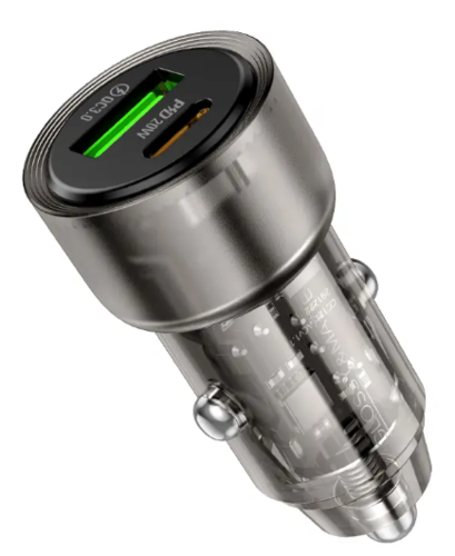 ראש מטען מהיר לרכב, 2 יציאות (USB-C+USB-A), עיצוב שקוף
