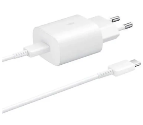 סט ראש מטען קיר סמסונג וכבל USB-C ל-USB-C, טעינה מהירה 25W, לבן