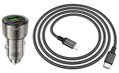סט מטען מהיר לרכב הכולל ראש טעינה USB-C+USB-A וכבל טעינה USB-C ל-Lightning, עיצוב שקוף